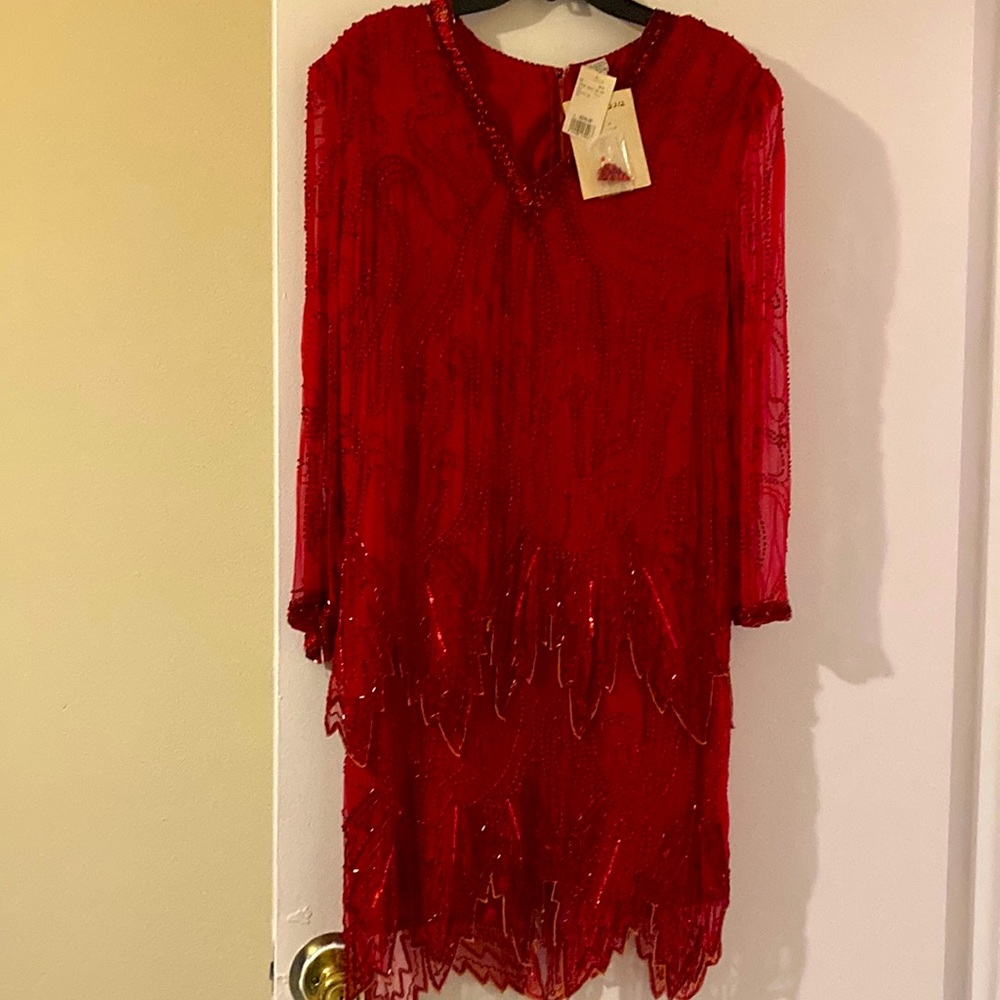 Red formal bugle bead dress